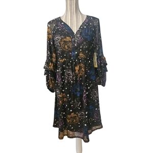 Antropogie FIGUERO&flower TulleBlack Mesh BotanicFloral Ruffle LongSleeve DressS